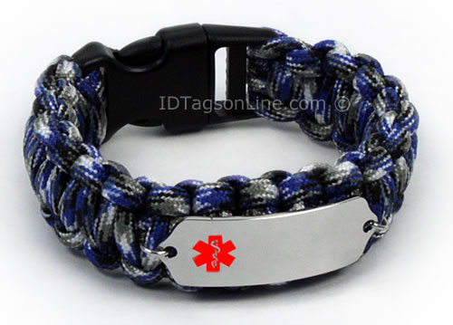 Blue Camo Paracord Medical ID Bracelet with Red Medical Emblem. - Click Image to Close